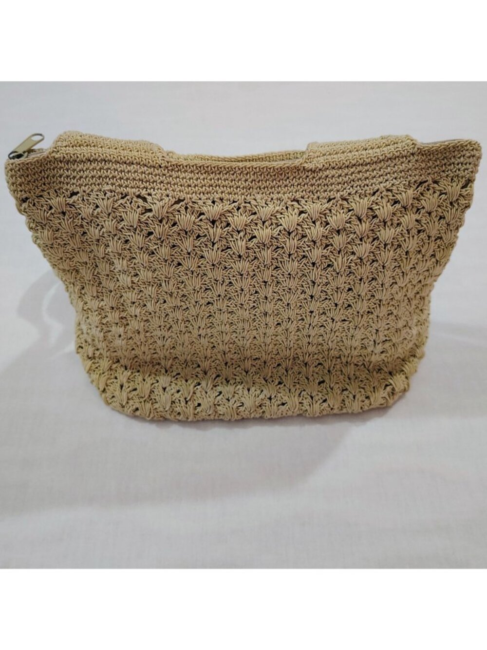 Woven Shoulder Bag Beige Zipper Lightweight Summer Tote Durable Crochet Design - Picture 2 of 16